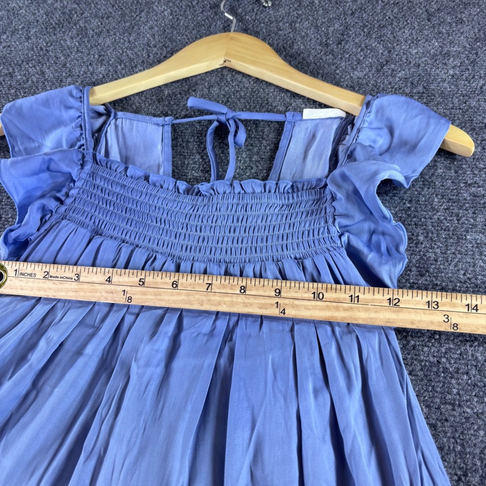 Free People Mini Dress Womens Small Blue Smocked Tiered Boho Flutter Sleeve - Picture 2 of 9